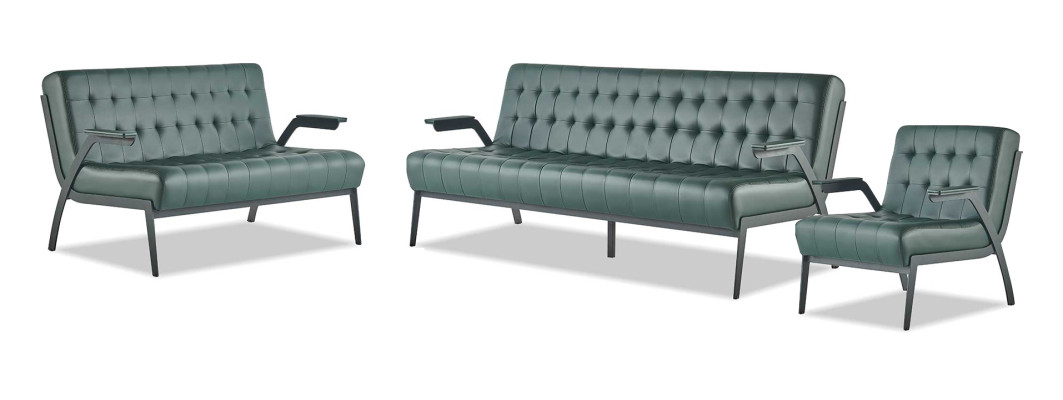 Komplett-Set Grün 3-Sitzer 2-Sitzer Sessel Modern Chesterfield Leder