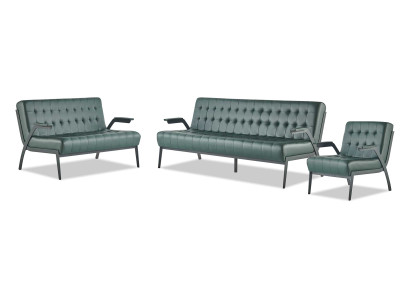 Komplett-Set Grün 3-Sitzer 2-Sitzer Sessel Modern Chesterfield Leder