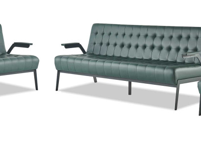 Komplett-Set Grün 3-Sitzer 2-Sitzer Sessel Modern Chesterfield Leder