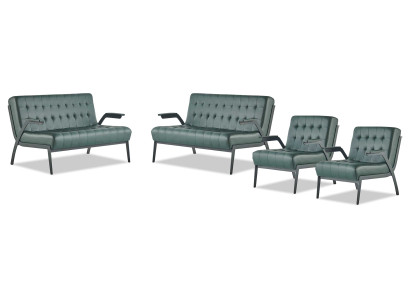 Sofa-Set Grün Einfarbig Modern Edelstahl Stil Chesterfield Leder Holz