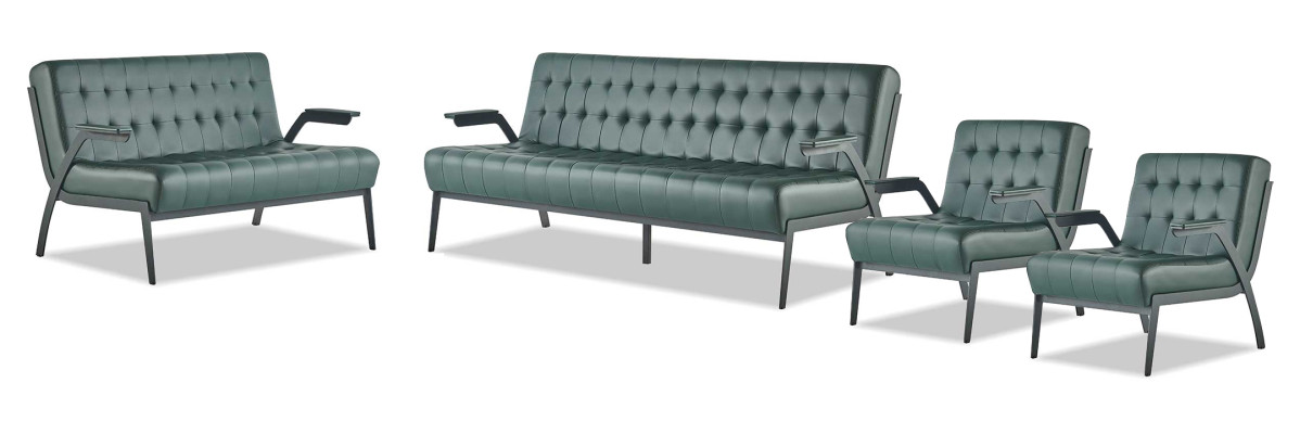 Ledersofas Grün Leder Chesterfield Set 3-Sitzer 2-Sitzer Sessel Edelstahl