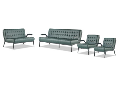 Ledersofas Grün Leder Chesterfield Set 3-Sitzer 2-Sitzer Sessel Edelstahl