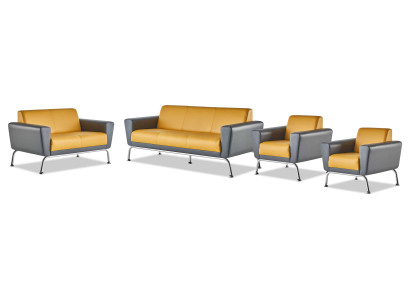 Sofa-Set 3-Sitzer 2-Sitzer Sessel Gelb Grau Edelstahl Leder Holz Modern