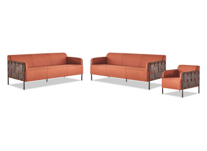 Ledersofas-Set Modern Komplett Sofas 3-Sitzer Sessel Orange Edelstahl
