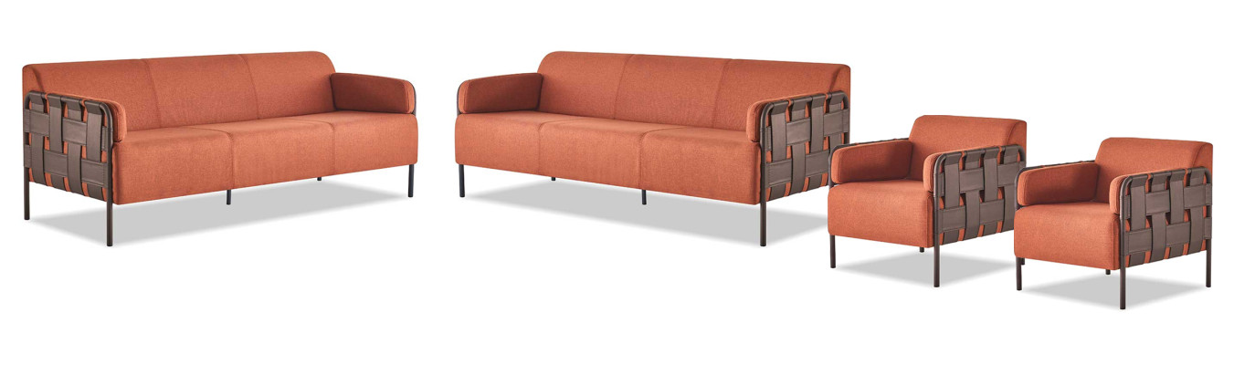 Komplett Sofas 3-Sitzer 2x Sessel Orange Couch Leder Textil Edelstahl