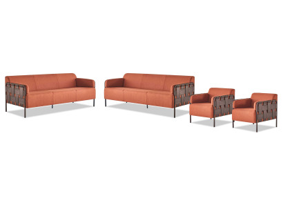 Komplett Sofas 3-Sitzer 2x Sessel Orange Couch Leder Textil Edelstahl