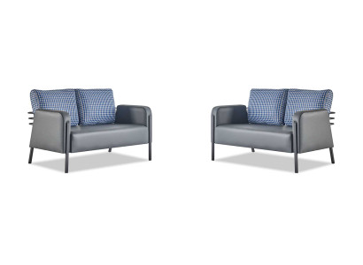 Ledersofa-Set Grau Blau Kissen 2-Sitzer Sofas Modern Polster Textil