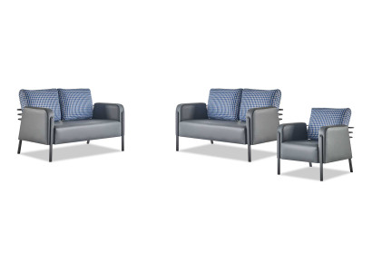 Komplett Ledersofa Set 2-Sitzer Sessel Modern Grau Blau Leder Textil