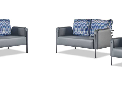 Komplett Ledersofa Set 2-Sitzer Sessel Modern Grau Blau Leder Textil