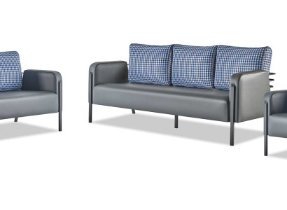 Moderner Sofa-Set 3-Sitzer 2-Sitzer Sessel Blau Grau Leder Edelstahl
