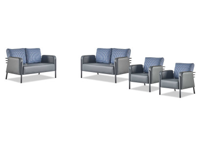 Sofagarnitur Polster Set 3-Sitze Sessel Blau Grau Ledersofas Polster