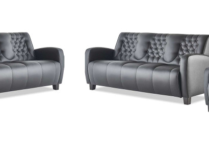 Ledersofa-Set 3-Sitzer Sessel Schwarz Modern Couch Leder Holz Chesterfield