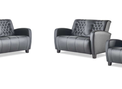 Ledersofa-Set 2-Sitzer Sessel Chesterfield Couch Schwarz Modern Knöpfe