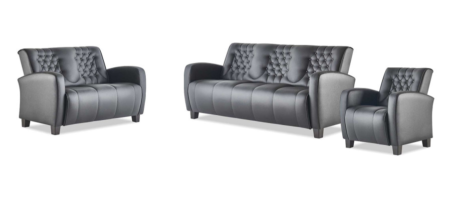 Komplett 3-Sitzer 2-Sitzer Sessel Schwarz Chesterfield Ledersofa-Set Sofas