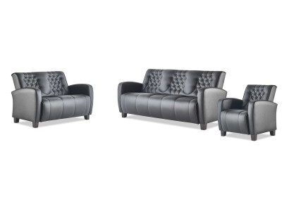 Komplett 3-Sitzer 2-Sitzer Sessel Schwarz Chesterfield Ledersofa-Set Sofas