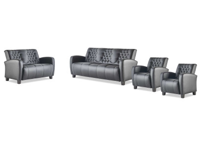 Sofas Schwaz Komplett-Set 3-Sitzer 2-Sitzer Sessel Leder Knöpfe Couch