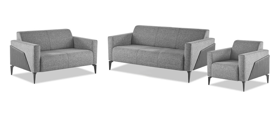 Komplett Set 3-Sitzer 2-Sitzer Sessel Grau Leder Modern Textil Couch
