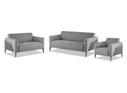Komplett Set 3-Sitzer 2-Sitzer Sessel Grau Leder Modern Textil Couch