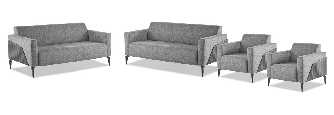 Sitzmöbel Komplett Modern Set 3-Sitzer Sessel Grau Textil Edelstahl Leder