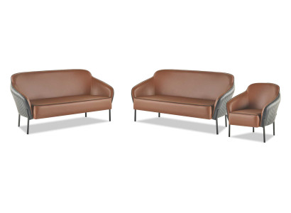 Sofagarnitur Leder Edelstahl Set 2-Sitzer Sessel Braun Schwarz Ledersofas