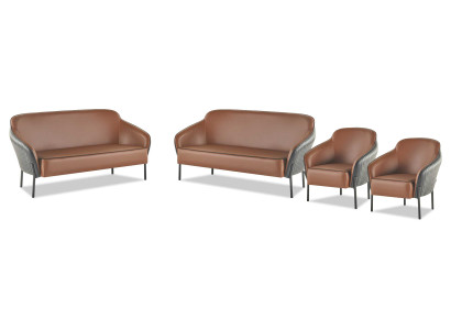 Sofa-Set Braun Schwarz Sofagarnitur 2-Sitzer Sessel Leder Edelstahl Holz