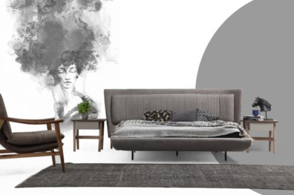 Garnitur Schlafzimmer Doppelbett Bett Nachttische Grau Set 3tlg Stoff