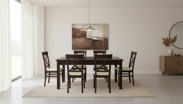 Designer Esstisch Esszimmer + 6 Stühlen Gruppe Stuhl Tische Holz Tisch