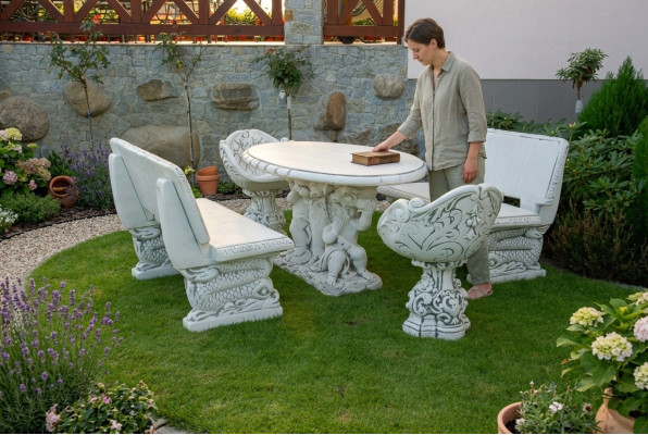 Bank Garten Design Antik Stil Stein Terrasen Möbel Bänke Außen