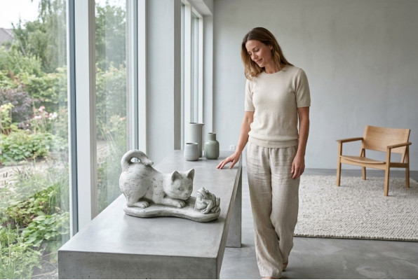 Garten Dekoration Katze Statue Skulptur Figuren Weiß Skulpturen Design