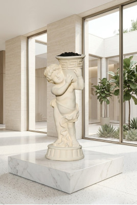 Figur Statue mit Blumen Gefäss Kasten Statuen Figuren Skulptur Garten