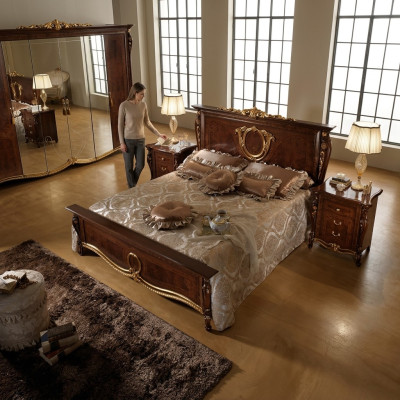 Doppelbett Bett Holz Design Betten Antik Stil Barock Rokoko 2x Nachttische Neu