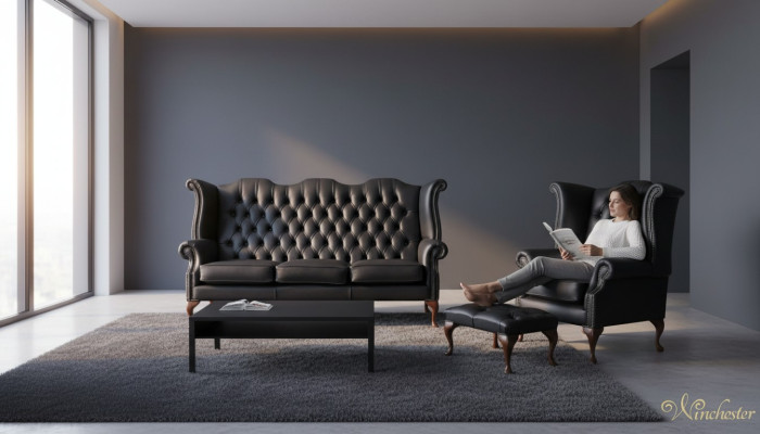 Schwarze Chesterfield Ledersofa Couch Polster Garnitur 3+1 Sitzer Ohrensessel