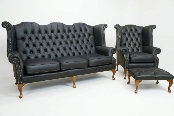 Schwarze Chesterfield Ledersofa Couch Polster Garnitur 3+1 Sitzer Ohrensessel