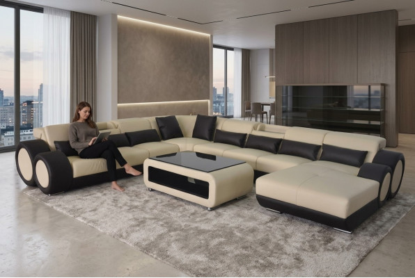Ledersofa Wohnlandschaft Garnitur Design Modern Ecke Sofa U-Form Chaise G8035