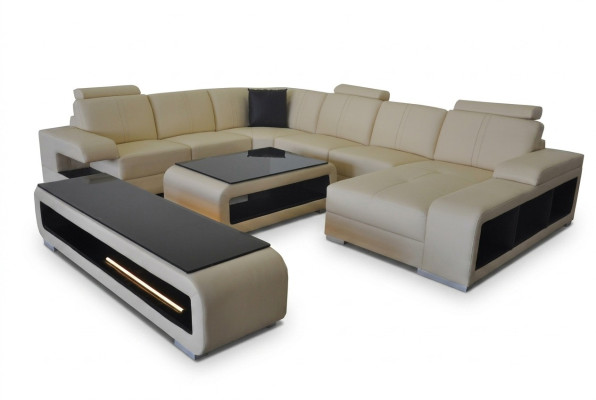 Ledersofa Wohnlandschaft Garnitur Design Modern Ecke Sofa U-Form Tisch RTV G8028