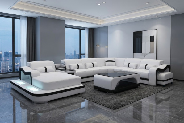 Leder Couch Polster Sitz Wohnlandschaft Design Modern Eck Garnitur U Form + Tisch