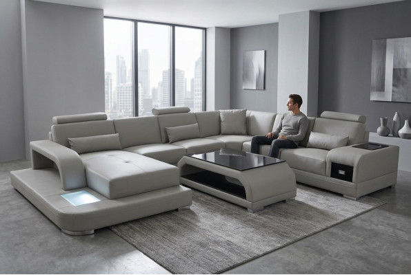 Ledersofa Wohnlandschaft Garnitur Design Modern Ecksofa Sofa U-Form G8013+Tisch