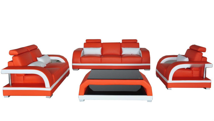 Sofa Couch Leder Polster Sitz Couch Garnitur 3+2+1 Tisch Set Design Sofas
