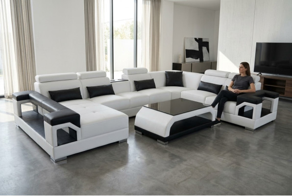 Leder Sofa Moderne Sitz Couch Polster Design Wohnlandschaft + Tisch Eck