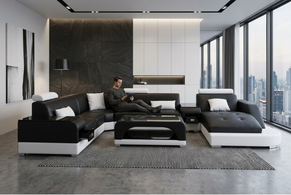 Leder Sofa Moderne Sitz Couch Design Polster Eck Couchen Wohnlandschaft + Tisch