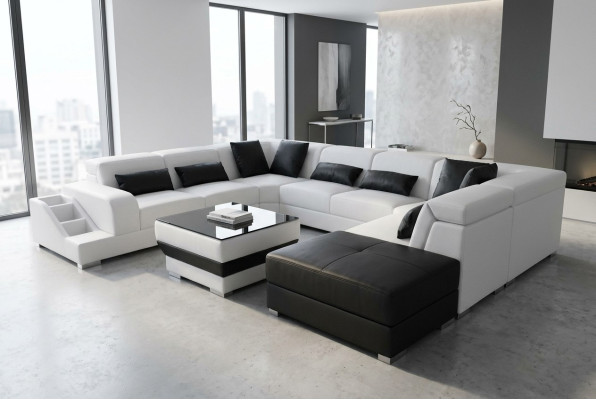 Leder Wohnlandschaft Eck Garnitur Design Modern Sofa U-Form G8008 + Puff Neu