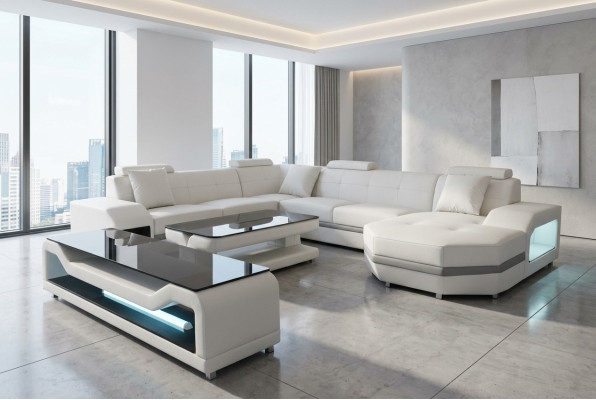 Leder Sofa Couch Polster Eck Sitz Garnitur Wohnlandschaft U Form Tisch RTV Neu