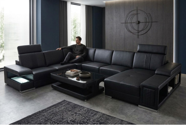 Leder Sofa Couch Polster Eck Sitz Garnitur Ecke couchen Wohnlandschaft +Tisch
