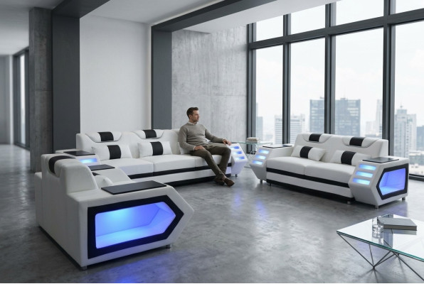 Sofa Couch Sitz Polster Komplett Set Leder Garnitur 3+2+1 Sofas Couchen