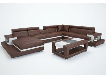 Design Leder Polster Sitz Zimmer Wohn Sofa Eck Couch Designer Garnitur +Tisch
