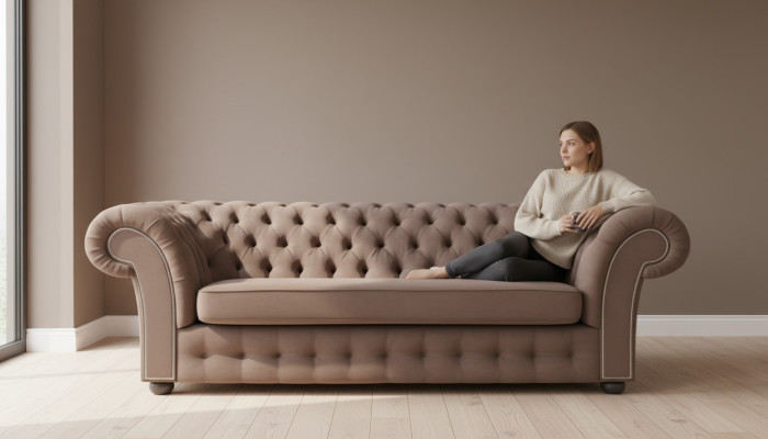 Sofa 3 Sitzer Stoff Design Couch Polster Sofas Textil Modern Chesterfield Beige
