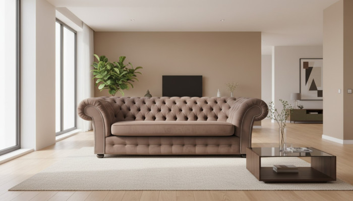 Sofa 3 Sitzer Stoff Design Couch Polster Sofas Textil Modern Chesterfield Beige