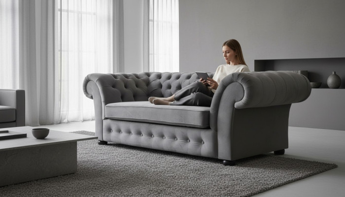 Sofa 3 Sitzer Stoff Design Couch Polster Sofas Textil Modern Chesterfield Grau