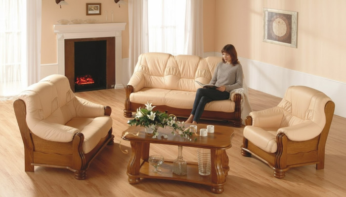 Klassik Sofagarnitur Holz Leder 3+2+1 Komplettes Set Sitz Polster Couchgarnitur