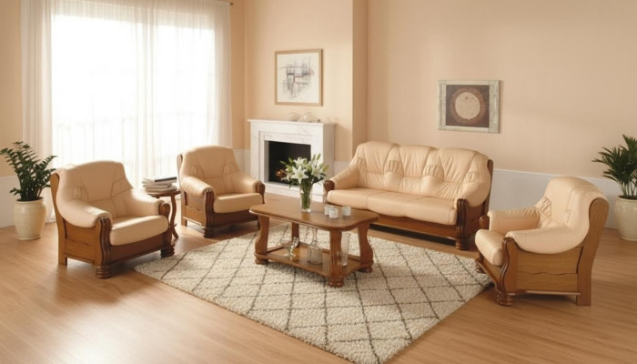 Klassik Sofagarnitur Holz 3+1 Komplettes Set Sitz Polster Couchgarnitur